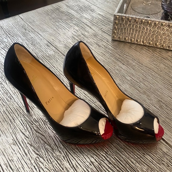 AUTHENTIC CHRISTIAN LOUBOUTIN NEW VERY PRIVE 120 BLACK PATENT HEELS OPEN TOE - Picture 11 of 16